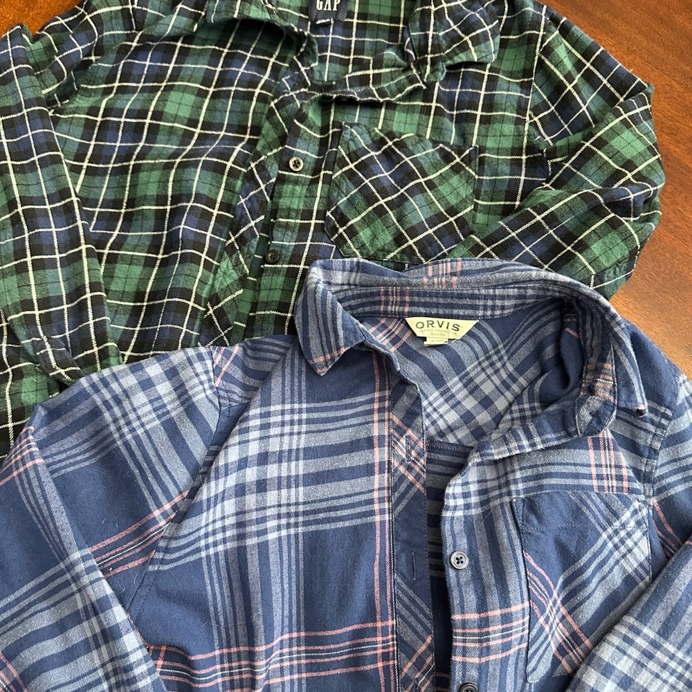2 Plaid Cabincore Flannel Shirts Gap and Orvis Small/Medium similar measurements